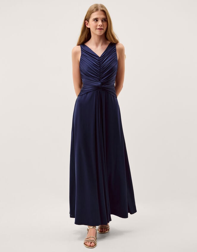 Skye Ruched Knot Jersey Prom Dress, Blue (NAVY), large