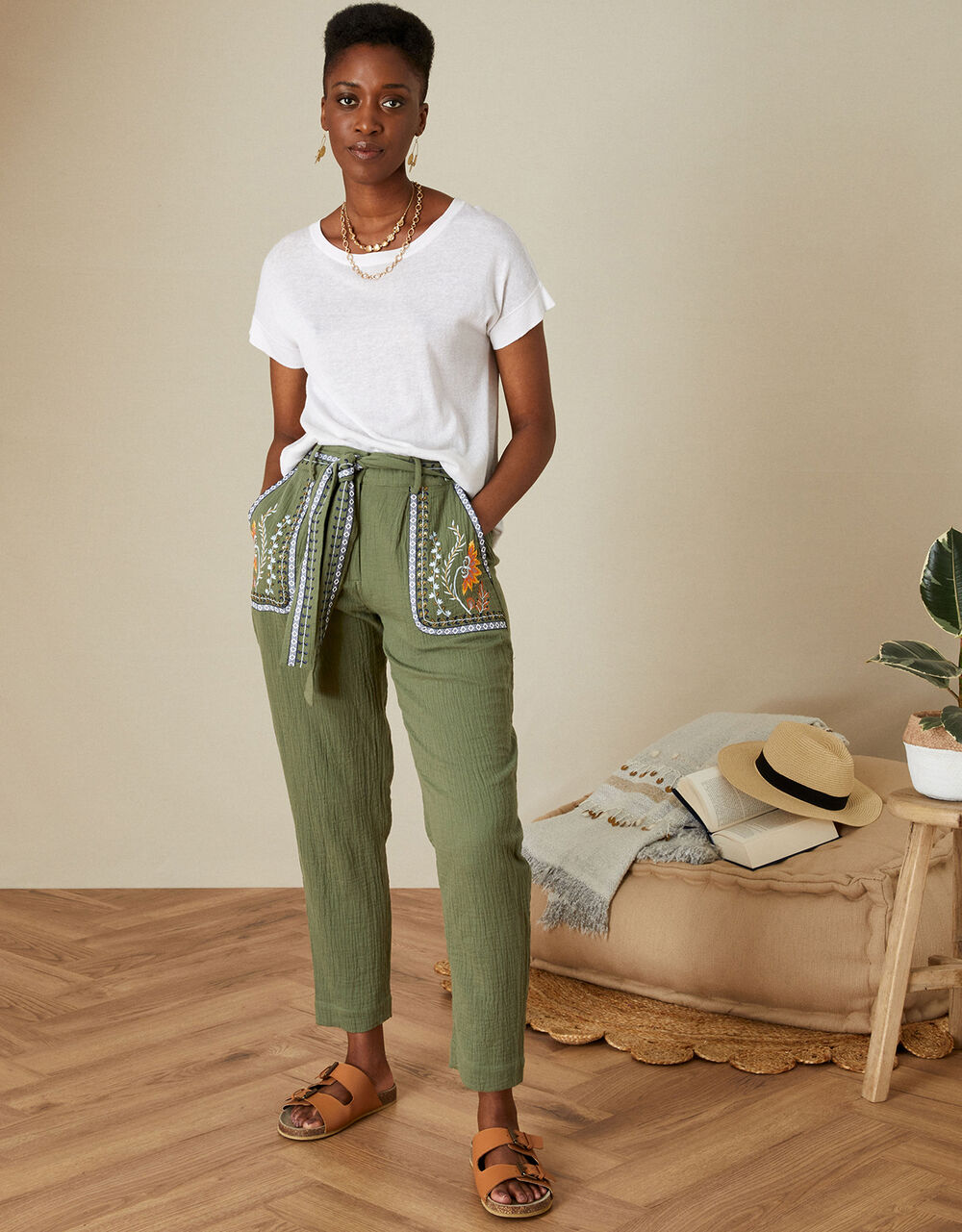Women Women's Clothing | Double Faced Embroidered Trousers in Sustainable Cotton Green - SW94381