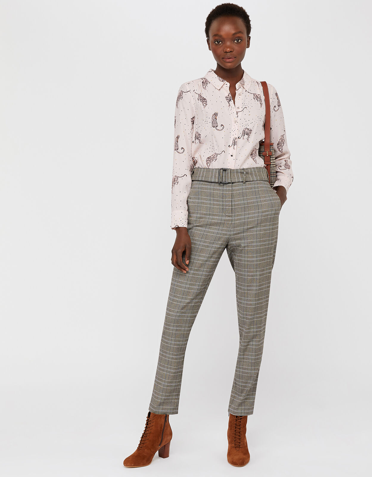 Grey tartan trousers womens on sale