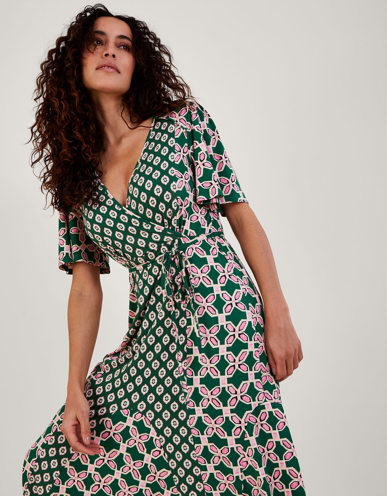 Geometric print wrap dress deals