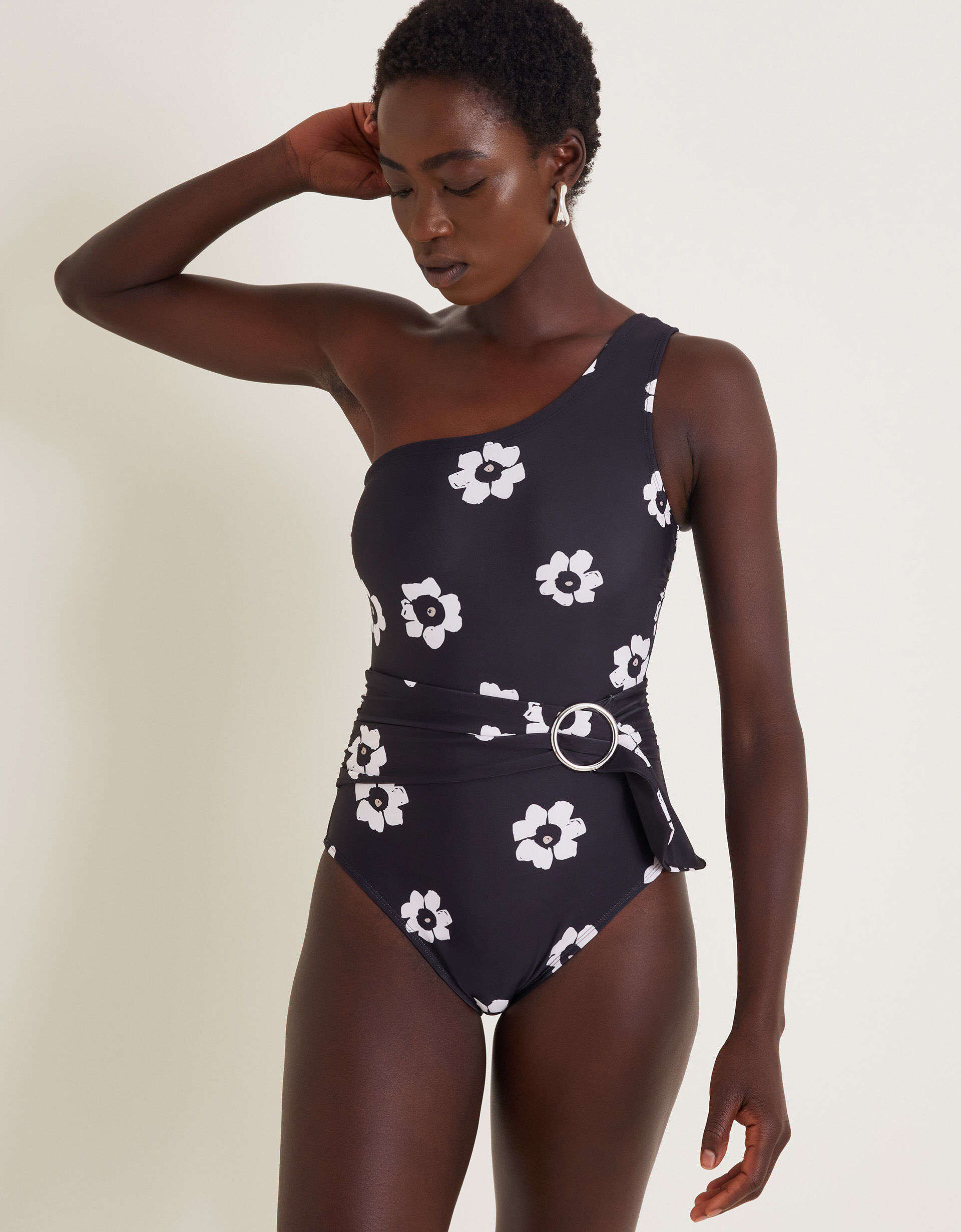 Luna Floral One-Shoulder Swimsuit Black