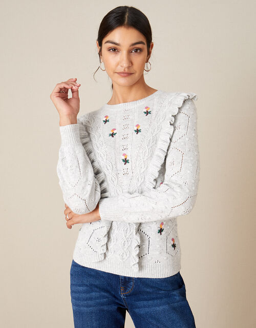 Embroidered Ruffle Jumper, Grey (GREY MARL), large