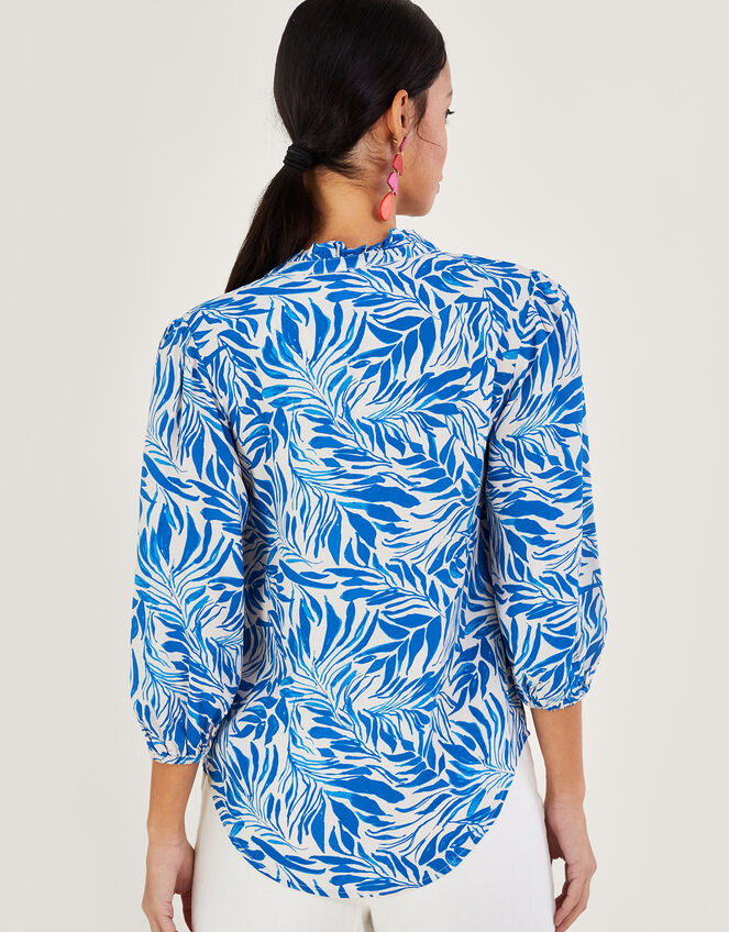 Florence Leaf Print Blouse in Sustainable Viscose, Blue (BLUE), large