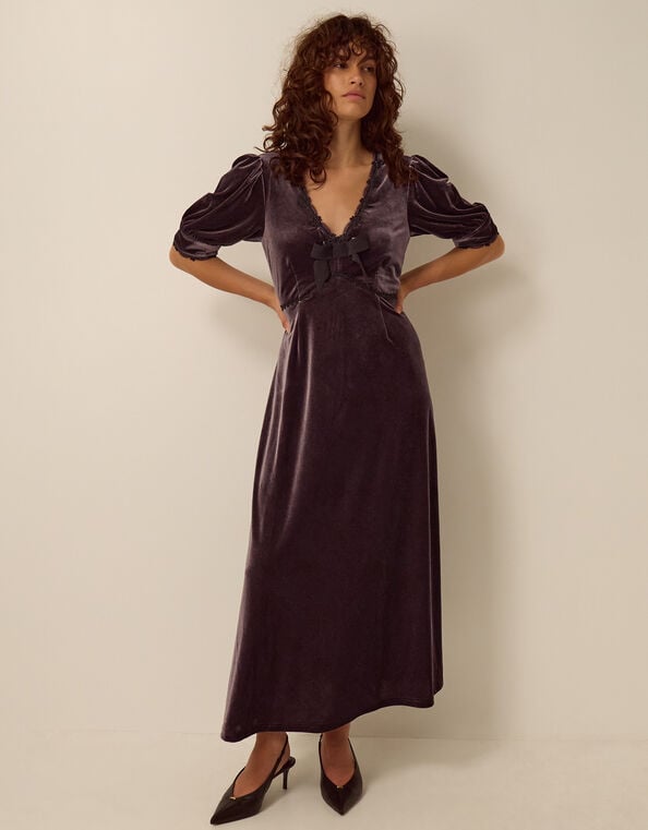 Vera V-Neck Velvet Midi Dress, Brown (CHOCOLATE), large