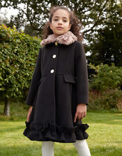 Leopard Print Collar Ruffle Hem Coat , Black (BLACK), large