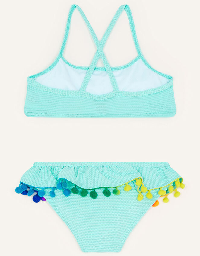Pom-Pom Frill Bikini with Recycled Polyester, Blue (TURQUOISE), large