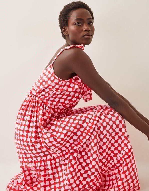 Geena Geometric Woodblock Midi Dress, Orange (CORAL), large