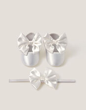 Baby Satin Bow Headband & Booties Set, Ivory (IVORY), large
