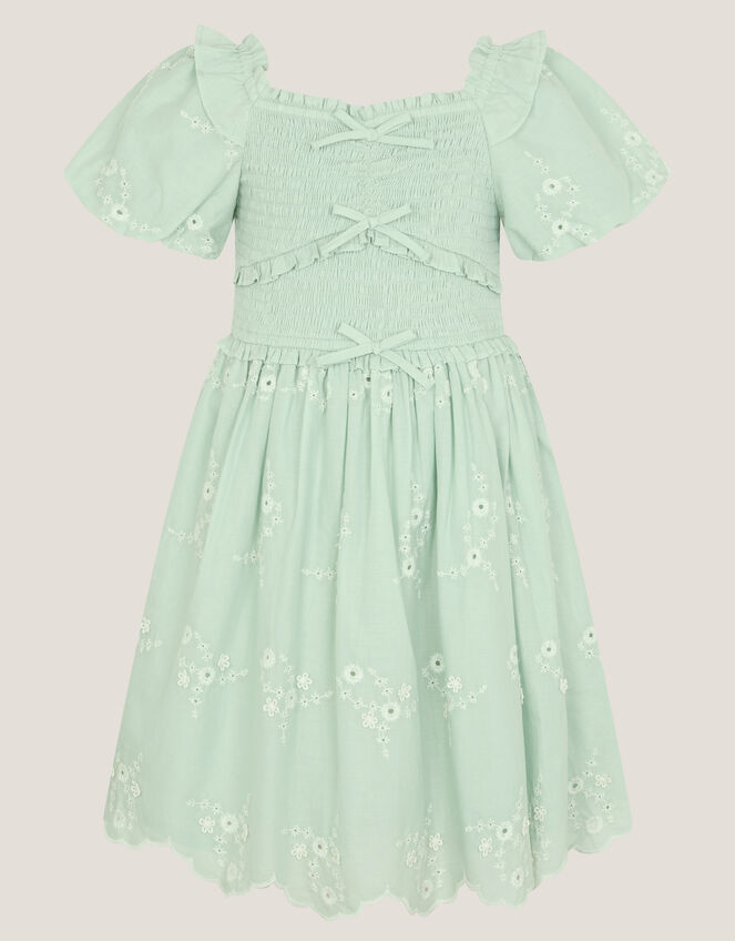 Embroidered Puff Sleeve Smocked Dress, Green (GREEN), large