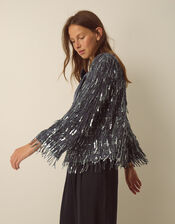 Sabia Velvet Bow Sequin Jacket, Dark Silver (GUNMETAL), large
