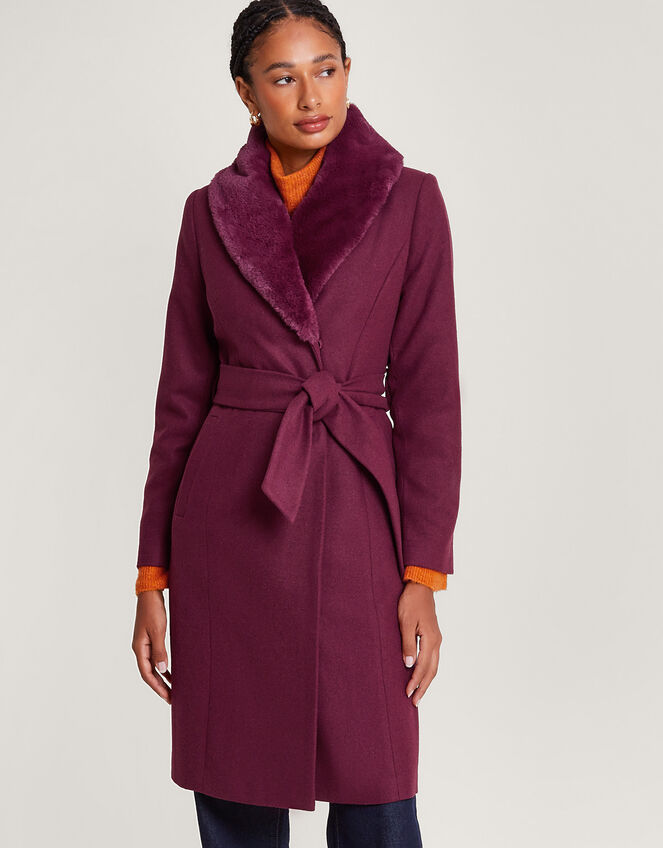 Rufus Fur Collar Belted Coat with Recycled Polyester, Red (WINE), large