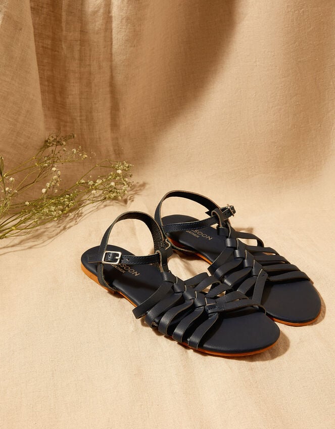 Leather Strap Sandals, Blue (NAVY), large