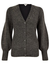 Beaded Knit Cardigan with Recycled Fabric, Grey (CHARCOAL), large