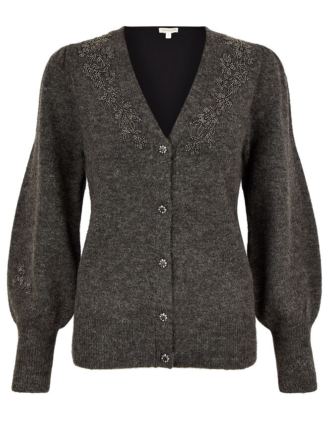 Beaded Knit Cardigan with Recycled Fabric, Grey (CHARCOAL), large