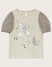 Sequin Unicorn Puff Sleeve Top, Grey (GREY), large