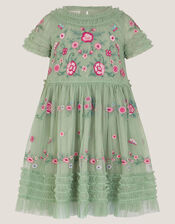 Floral Embroidered Ruffle Tulle Dress, Green (GREEN), large