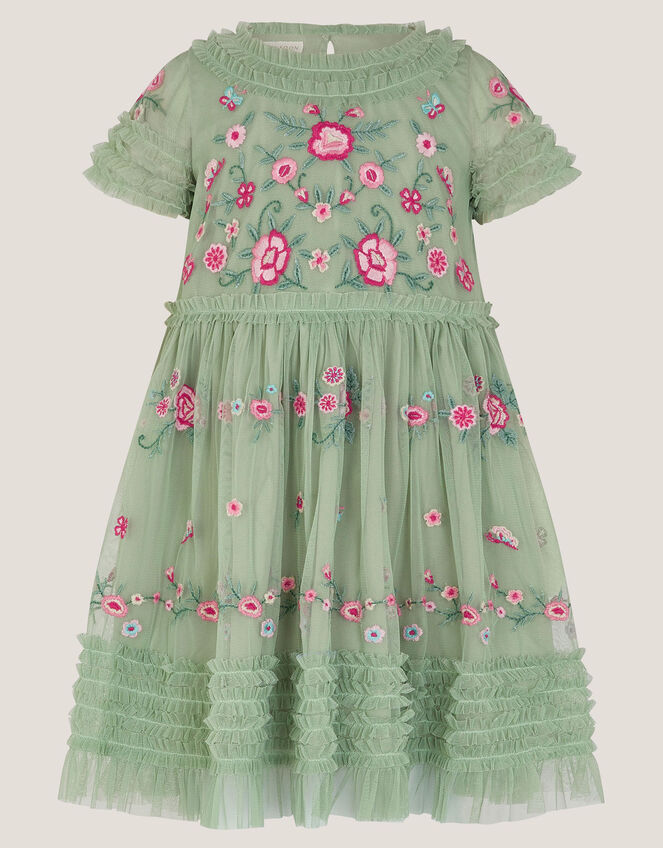 Floral Embroidered Ruffle Tulle Dress, Green (GREEN), large