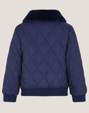 Faux Fur Collar Quilted Bomber Jacket, Blue (NAVY), large