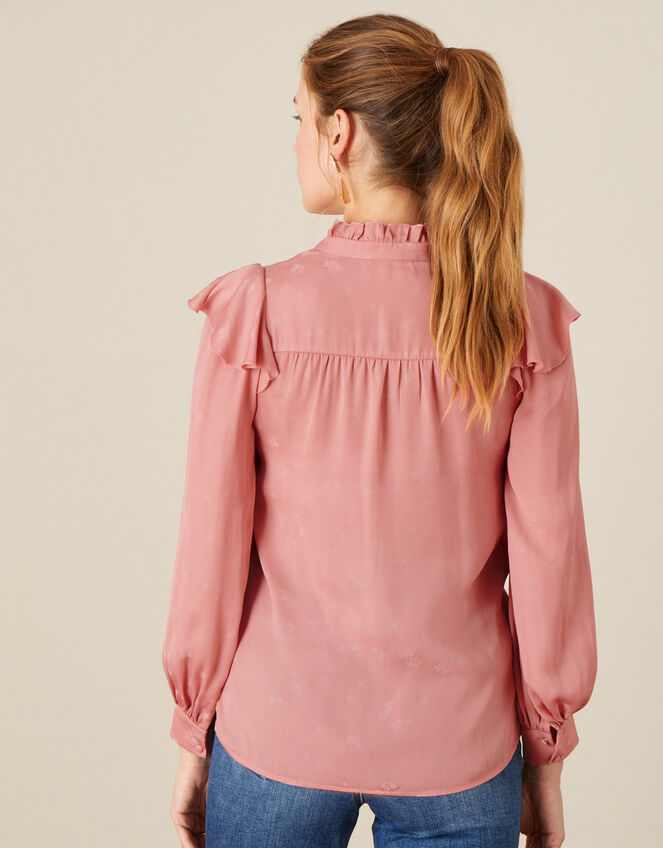 Fiona Frill Satin Jacquard Blouse, Pink (ROSE), large
