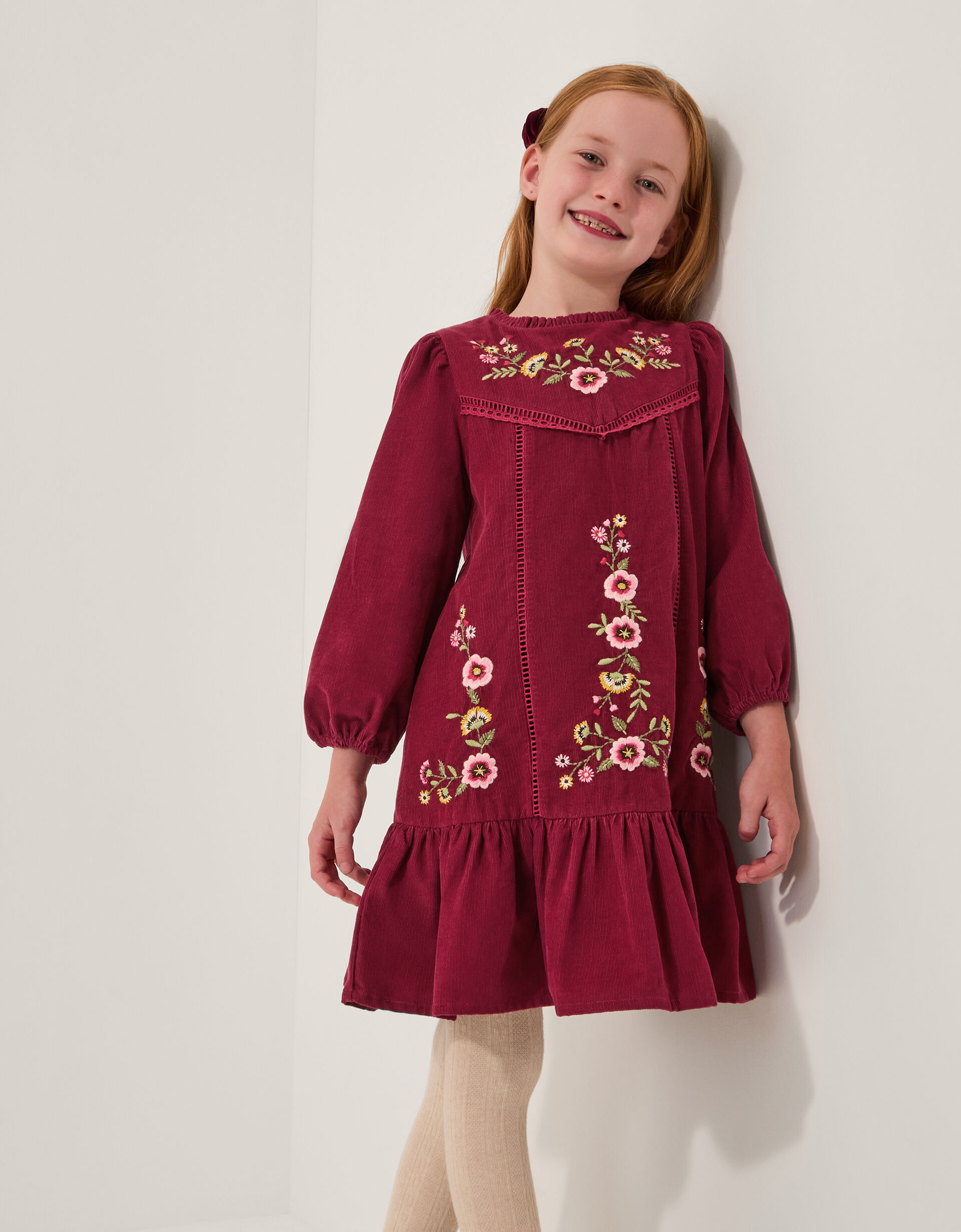 Embroidered Corduroy Tunic Dress Pink