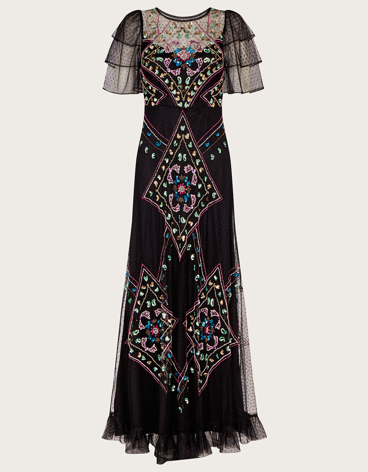 Long black shop embroidered dress