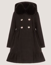 Faux Fur Collar Double-Breasted Coat, Black (BLACK), large