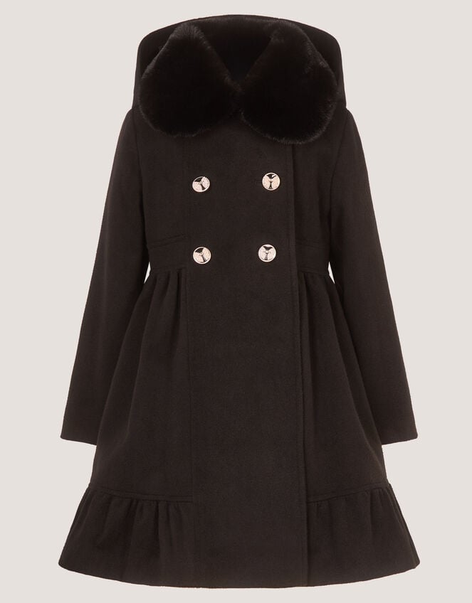 Faux Fur Collar Double-Breasted Coat, Black (BLACK), large