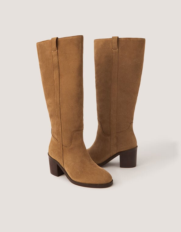 Isla Suede Knee High Heeled Boots, Tan (TAN), large