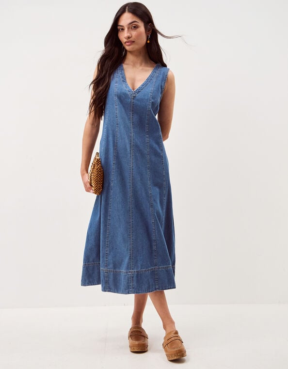 Tessa Sleeveless Denim Midi Dress, Blue (MID AUTHENTIC BLUE), large
