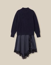 Suzy Knitted Lace Satin Midi Dress, Blue (NAVY), large