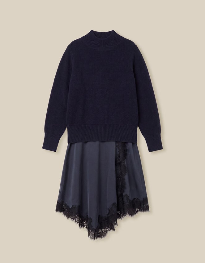 Suzy Knitted Lace Satin Midi Dress, Blue (NAVY), large