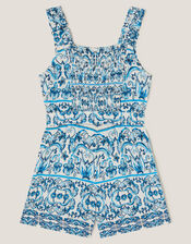 Ornate Floral Print Playsuit, Blue (BLUE), large