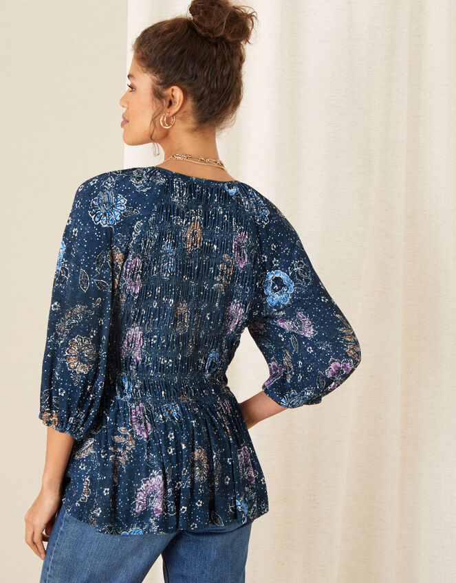 Floral Print Shirred Jersey Top, Blue (NAVY), large