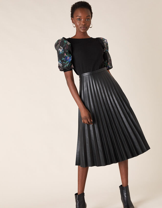 Floral Organza Sleeve Top with Recycled Fabric, Black (BLACK), large
