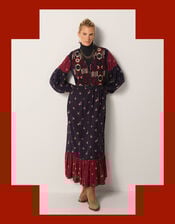 Maison Hotel Ginevra Embroidered Floral Print Midi Dress, Blue (BLUE), large