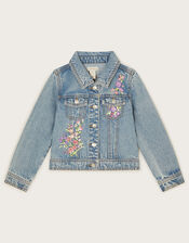 Floral Embellished Denim Jacket, Blue (BLUE), large