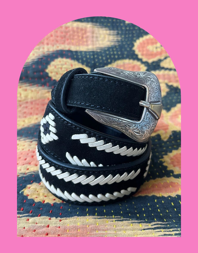 Maison Hotel Navajo Western Leather Belt, Black (BLACK), large
