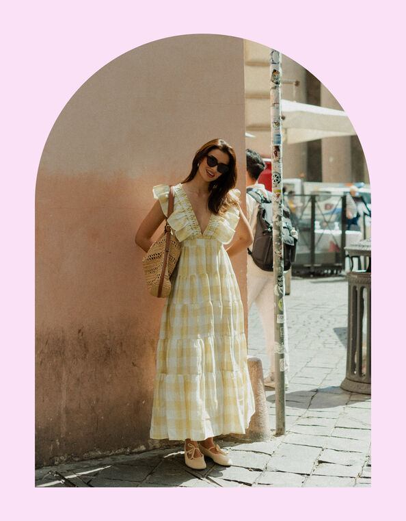 Sundress Shandrani Shimmer Ruffle Maxi Dress, Gold (GOLD), large