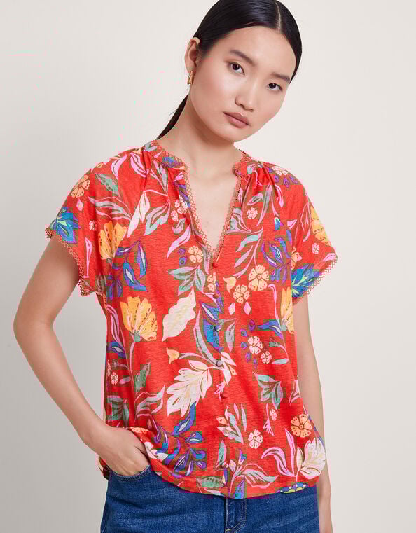 Alma Print Linen T-Shirt, Red (RED), large