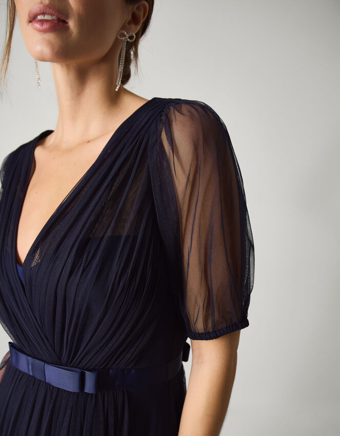 Ellie Sheer Sleeve Plunge Tulle Maxi Dress Blue