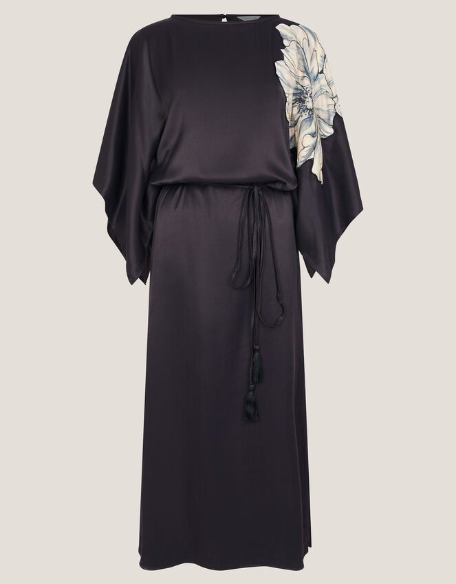 Emilia Floral Satin Kimono Dress, Black (BLACK), large