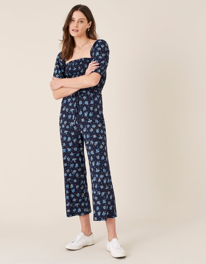 Floss Printed Jumpsuit with Organic Cotton, Blue (NAVY), large