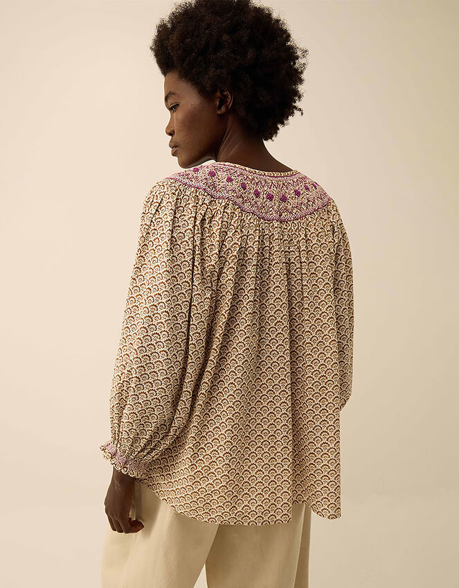 East Alina Floral Printed Smocking Top, Brown (BROWN), large