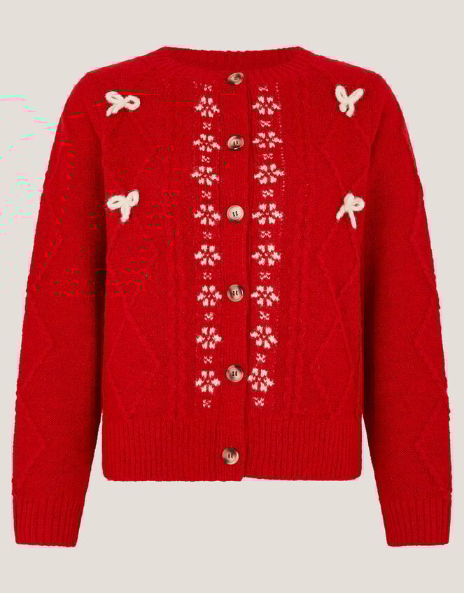 Evie Bow Cable Knit Cardigan, Red (RED), large