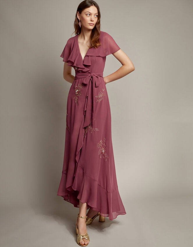 Ausha Floral Embellished Maxi Wrap Dress, DARK PINK, large