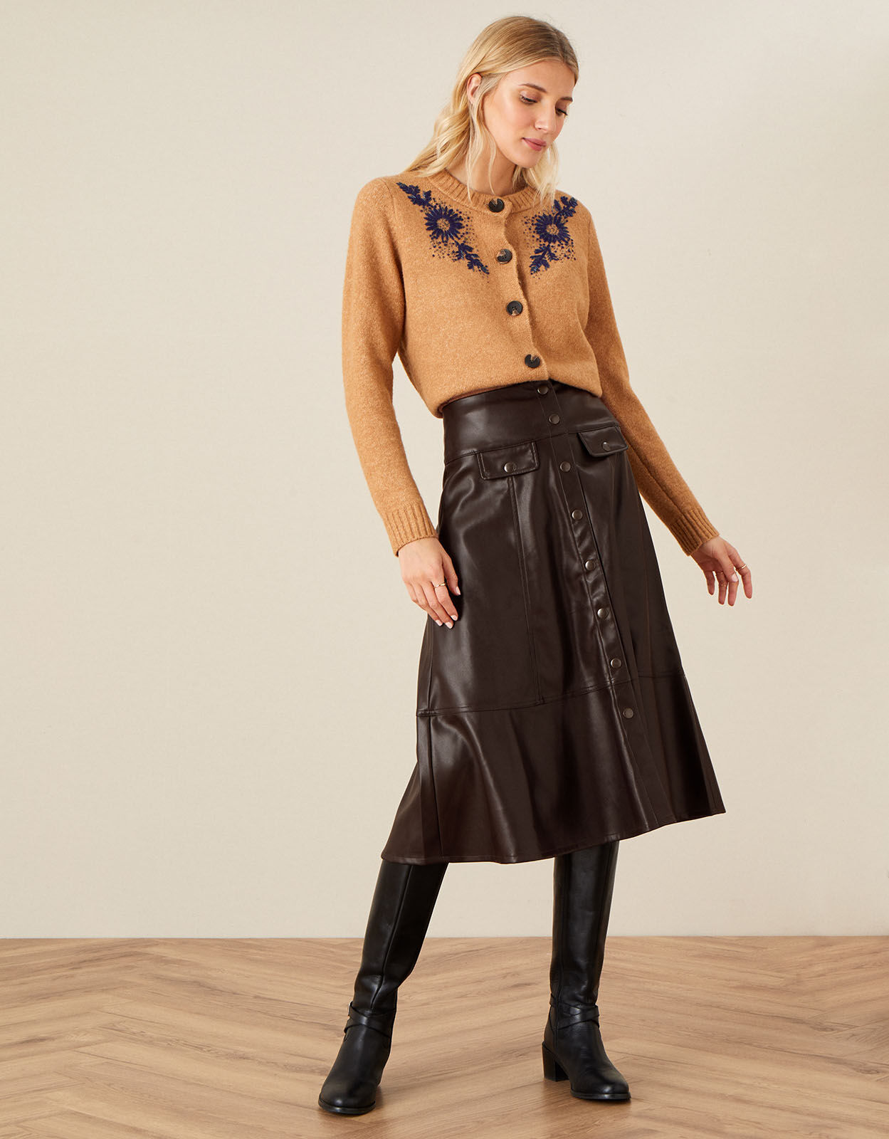 brown leather skirt long