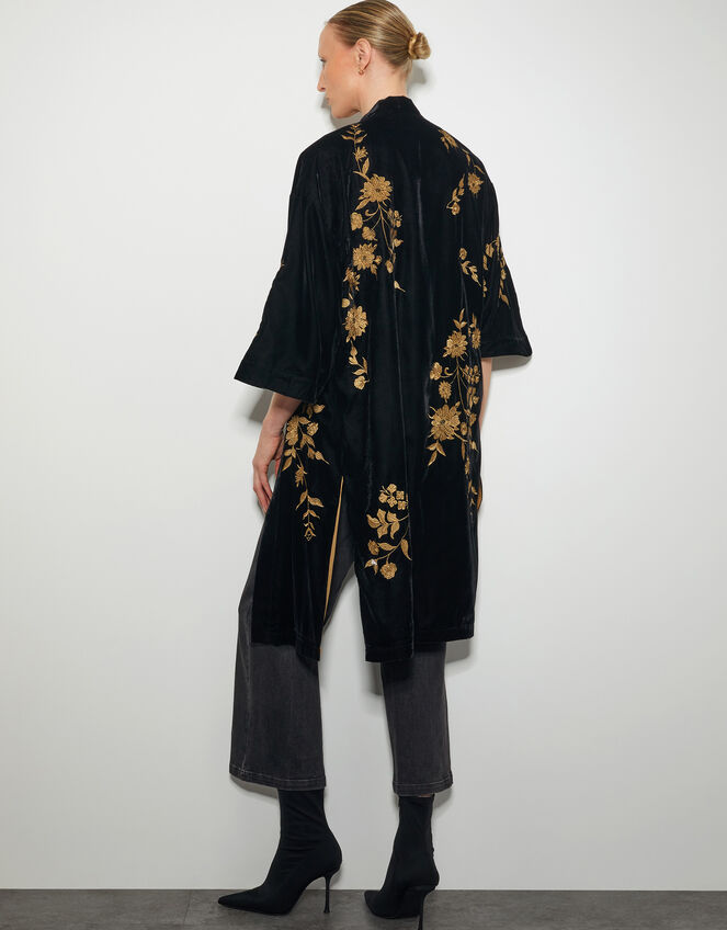 Kendra Embroidered Floral Velvet Kimono, Black (BLACK), large