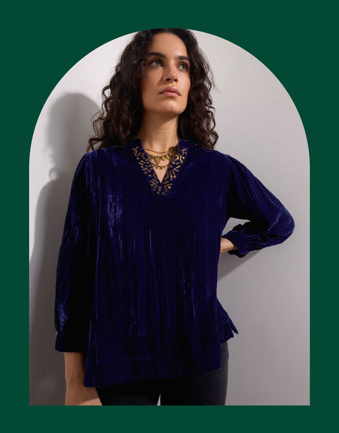 East Lorna Crinkle Velvet Top, Blue (NAVY), large