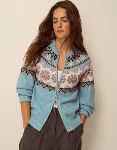 Fen Fair Isle Cardigan, Blue (BLUE), large