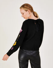 Embroidered Flower Sleeve Jumper with Recycled Polyester, Black (BLACK), large